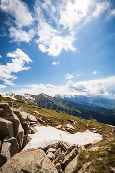 Alpine vertical summer landscape with remnants of snow central asia. Copy space.