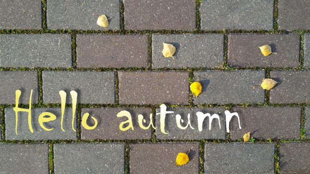 Yellow and white inscription Hello Autumn on background of gray brick road with sprouted grass between it and yellow autumn leaves. Top view, flat lay