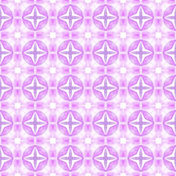 Textile ready fine print, swimwear fabric, wallpaper, wrapping. Purple mesmeric boho chic summer design. Hand painted tiled watercolor border. Tiled watercolor background.