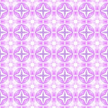 Textile ready fine print, swimwear fabric, wallpaper, wrapping. Purple mesmeric boho chic summer design. Hand painted tiled watercolor border. Tiled watercolor background.