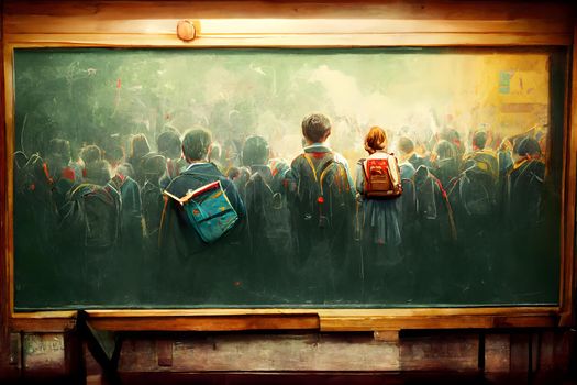 crowd of students backs with schoolbags melted in black chalkboard as half-real half-drawn with chalk, neural network ai generated surreal creepy art