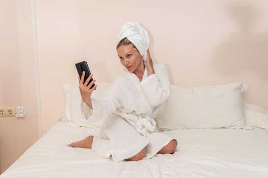 Surprised beauty copyspace spa bed cell female bathrobe body lady, for ritual cropped for young for clean towel, lifestyle dressing. Concept interior american, positive