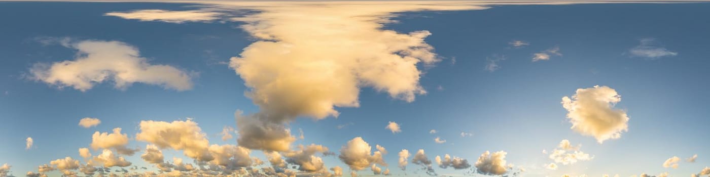 Sky panorama with Cirrus clouds in Seamless spherical equirectangular format. Full zenith for use in 3D graphics, game and editing aerial drone 360 degree panoramas for sky replacement