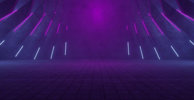 Future Cement Concrete Sci Fi Futuristic Cyber Neon Electric Laser Lights Tunnel Corridor Hallway Dark Spaceship Underground Dark Smoke Dark Purple Cement Background 3D Render