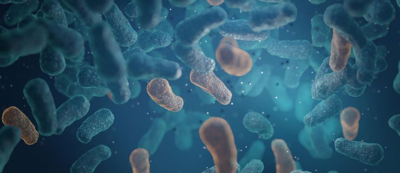 Micro bacterium therapeutic bacteria organisms. Microscopic salmonella, lactobacillus or acidophilus organism background 3D Render
