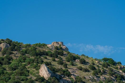 Mountains bay crimea fortress balaklava cembalo flying balaclava panorama port, for sky tourism for urban for hill boat, europe view. Background russia sun,