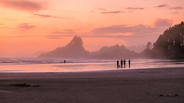 Tofino Vancouver Island Pacific rim coast, surfers with surfboard during sunset at the beach, surfers silhouette Canada Vancouver Island Tofino Vancouver Islander Island