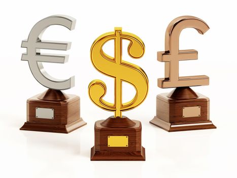 Gold, silver and bronze Dollar, Euro and Pound symbols on wooden bases. 3D illustration.
