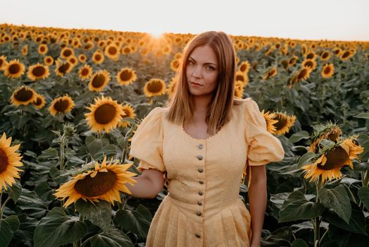 Pretty woman in retro dress posing in sunflowers field. Vintage timeless fashion, amazing adventure, countryside, rural scene, natural lifestyle. High quality photo