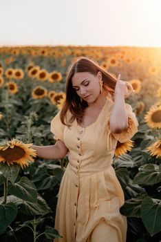 Pretty woman in retro dress posing in sunflowers field. Vintage timeless fashion, amazing adventure, countryside, rural scene, natural lifestyle. High quality photo