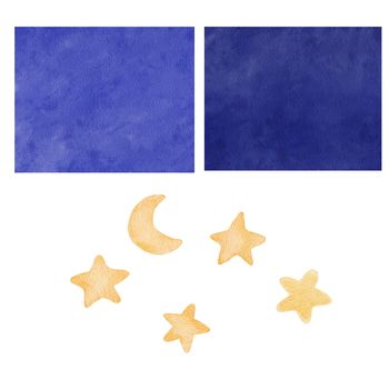 Watercolor moon and star. Blue night background