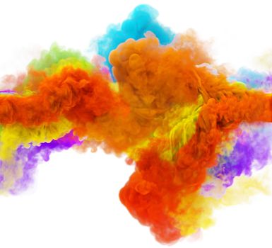Heaven clouds of colored rainbow fog or smoke. Color 3D render abstract texture in white background. Clown mistique puffs