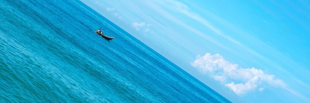 Atmosphere panorama. Clear sky calm sea horizon line cloud. Concept lifestyle move flow up down progress regress, choice direction development life boat. Straight lines diagonal, blue turquoise white.