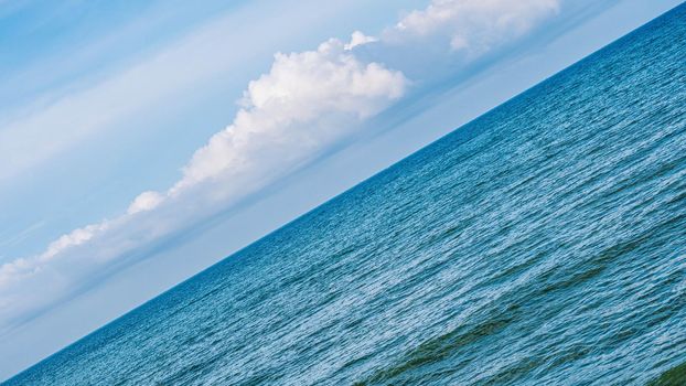 Atmosphere panorama. Clear sky calm sea horizon line cloud. Concept lifestyle move flow up down progress regress, choice direction development life. Straight lines diagonal, blue turquoise white.