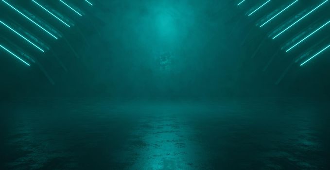 Future Neon Glow Futuristic Mysterious Volumetrics Deep Blue Green Corridor Hangar Basement Underground Hallway Abstract Background 3D Illustration