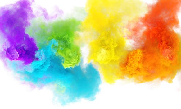 Magic smoke puffs of rainbow colors. Color 3D render abstract texture white background.
