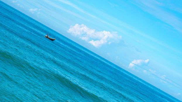 Atmosphere panorama. Clear sky calm sea horizon line cloud. Concept lifestyle move flow up down progress regress, choice direction development life boat. Straight lines diagonal, blue turquoise white.