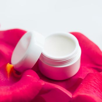 beauty cream jar and rose petals - cosmetics with flowers styled concept, elegant visuals