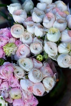 Close up of bunches of peonies in a flower shop