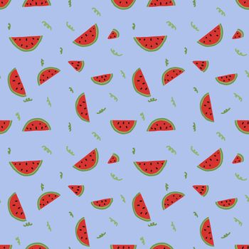Illustration watermelon seamless background. Blue background with random watermelon placement.