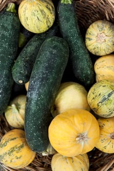 Various yellow and green zucchini in a wicker basket