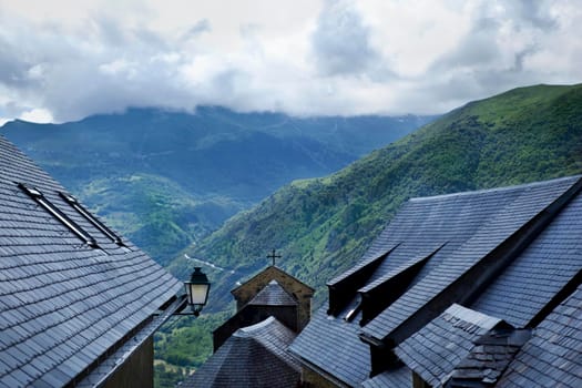 Slate roofs on the houses of a village in the Pyrenees
