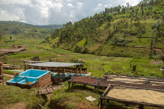 Top view of recyclage pump installed on washing station a coffee farm. Rwanda. Coffee production