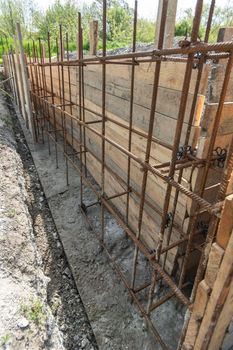 Tied rebar and mounted formwork close-up