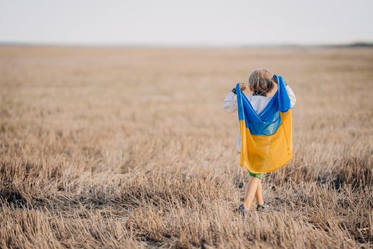 Happy little boy - Ukrainian patriot child with national flag in field after collection wheat, open area. Ukraine, peace, independence, freedom, win in war. High quality photo