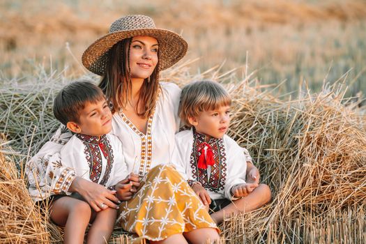 Ukrainian boys and mother sitting together on wheat in field after harvesting. Family, friends holding hands. Children is our future. Happy childhood. High quality photo