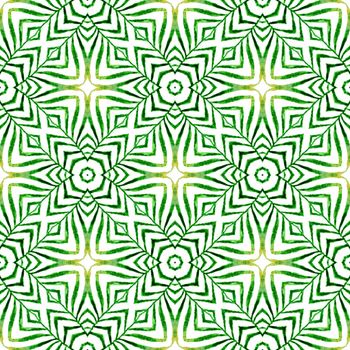 Textile ready rare print, swimwear fabric, wallpaper, wrapping. Green awesome boho chic summer design. Tiled watercolor background. Hand painted tiled watercolor border.