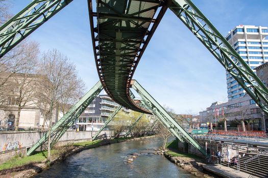 Wuppertal Suspension Railway train in Germany. The unique electric monorail system is Wuppertal's landmark. North Rhine-Westphalia, High quality photo