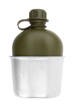 Military flask for water with a bowl for food on a white background