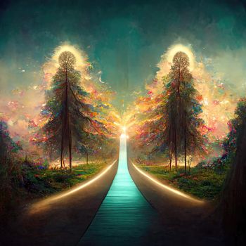 Surreal path of gratitude in forest with amazing light, 3d illustration, 3d render