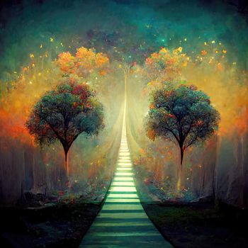 Surreal path of gratitude in forest with amazing light, 3d illustration, 3d render