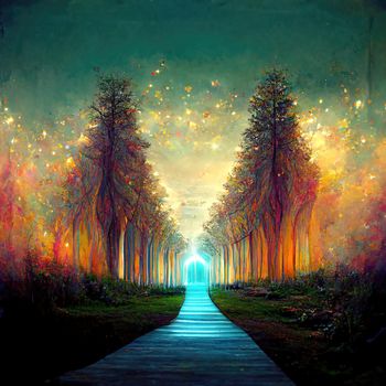 Surreal path of gratitude in forest with amazing light, 3d illustration, 3d render