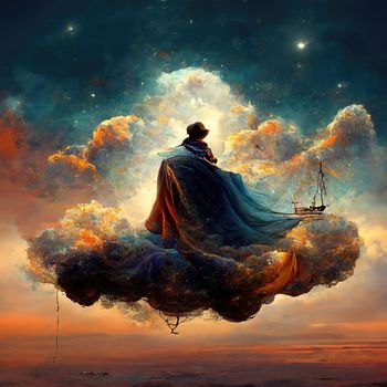 Digital art of magician with cowl in a boat floating in the clouds, 3d illustration, 3d render