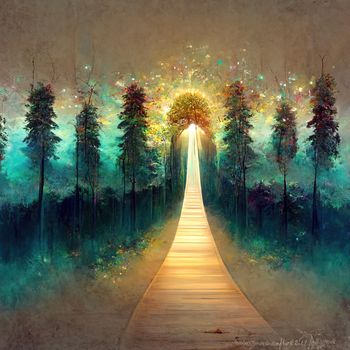 Surreal path of gratitude in forest with amazing light, 3d illustration, 3d render