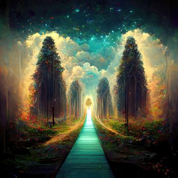 Surreal path of gratitude in forest with amazing light, 3d illustration, 3d render