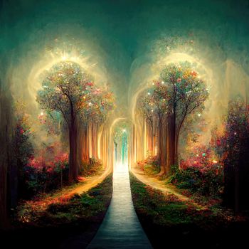 Surreal path of gratitude in forest with amazing light, 3d illustration, 3d render