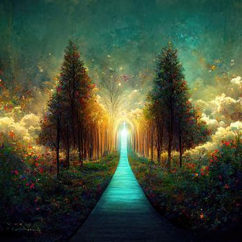 Surreal path of gratitude in forest with amazing light, 3d illustration, 3d render