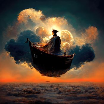 Digital art of magician with cowl in a boat floating in the clouds, 3d illustration, 3d render