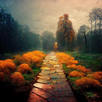 Surreal path of gratitude in forest with amazing light, 3d illustration, 3d render