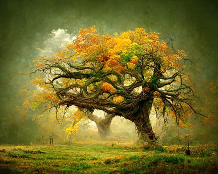 Digital art of old big tree with amazing branches, 3d illustration, 3d render