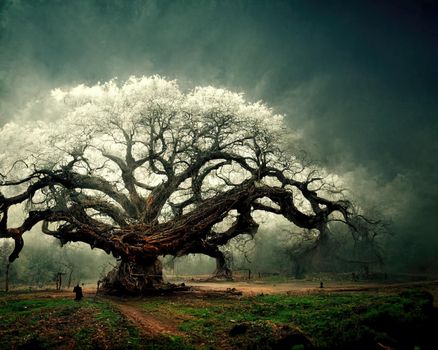 Digital art of old big tree with amazing branches, 3d illustration, 3d render