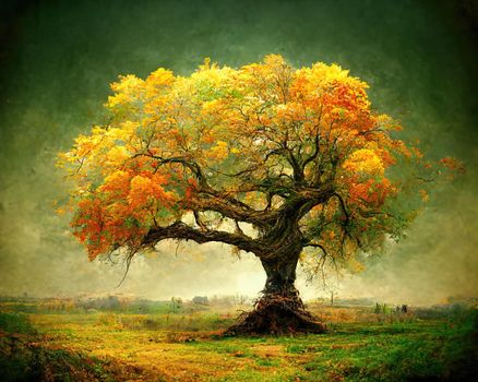 Digital art of old big tree with amazing branches, 3d illustration, 3d render