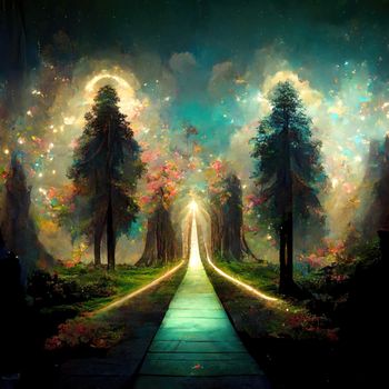 Surreal path of gratitude in forest with amazing light, 3d illustration, 3d render