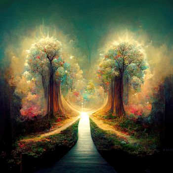 Surreal path of gratitude in forest with amazing light, 3d illustration, 3d render