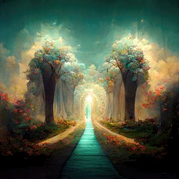 Surreal path of gratitude in forest with amazing light, 3d illustration, 3d render