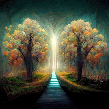 Surreal path of gratitude in forest with amazing light, 3d illustration, 3d render